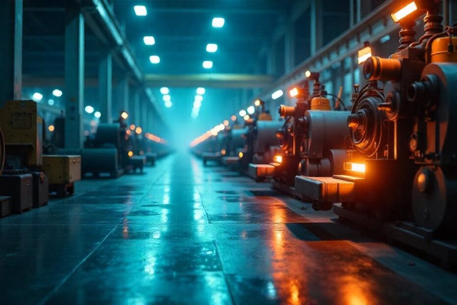 Hala fabryczna nocą z dwoma rzędami maszyn produkcyjnych i światłami odbijającymi się w posadzce