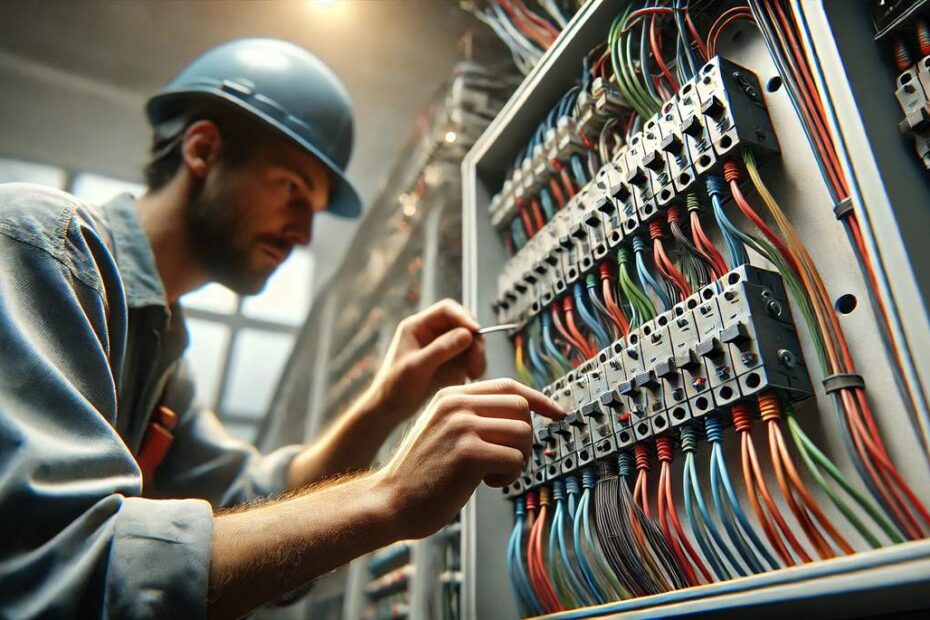 elektryk pracujący w rozdzielni elektrycznej, kontrola i optymalizacja parametrów energii biernej indukcyjnej.