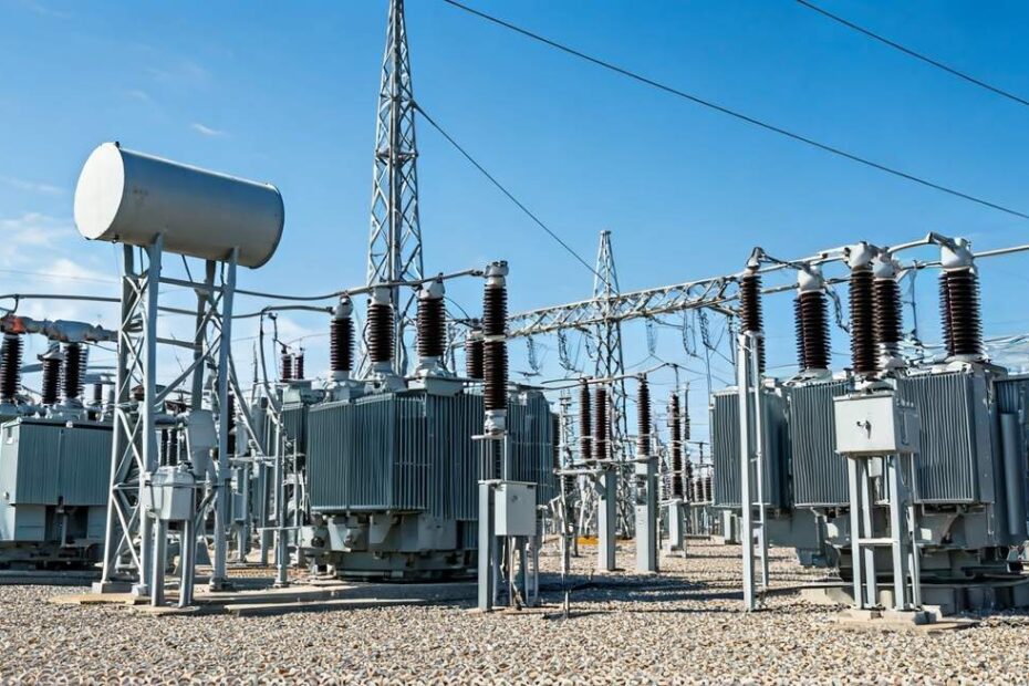 Otwarta stacja elektroenergetyczna wysokiego napięcia z transformatorami olejowymi i izolatorami na tle błękitnego nieba
